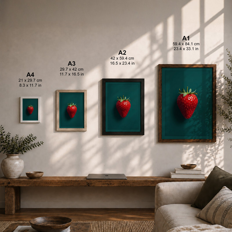 Strawberry in Focus Minimalist - Framed Print, A2 - 59.4 x 42.0 cm, Oak