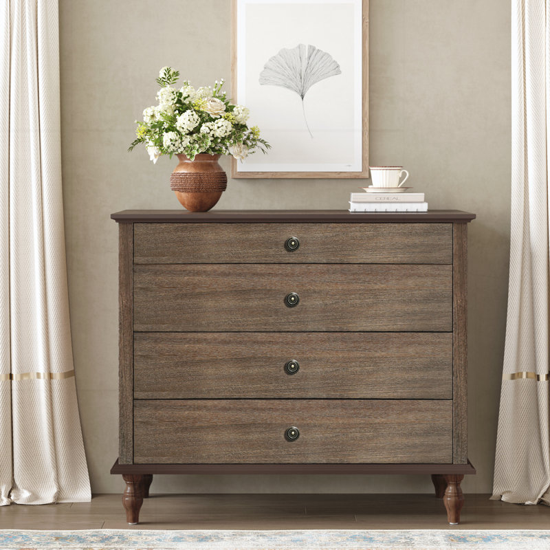 4-Drawer Chest with Solid Wood Foot, Dark Brown