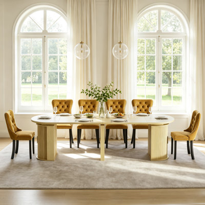 Ensemble de table de salle à manger ovale extensible 47"-118,1" pour 6 personnes, table de cuisine en bois naturel avec base de rangement cannelée et 6 chaises capitonnées en velours