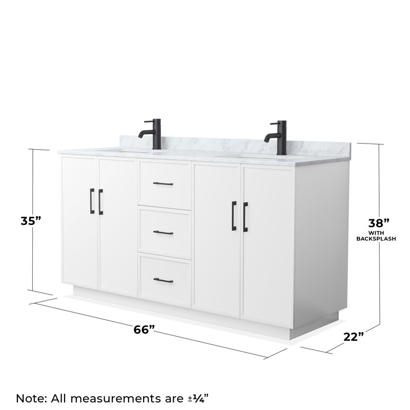 Elan TK 66" Freestanding Double Bathroom Vanity with Marble Top, White, Matte Black