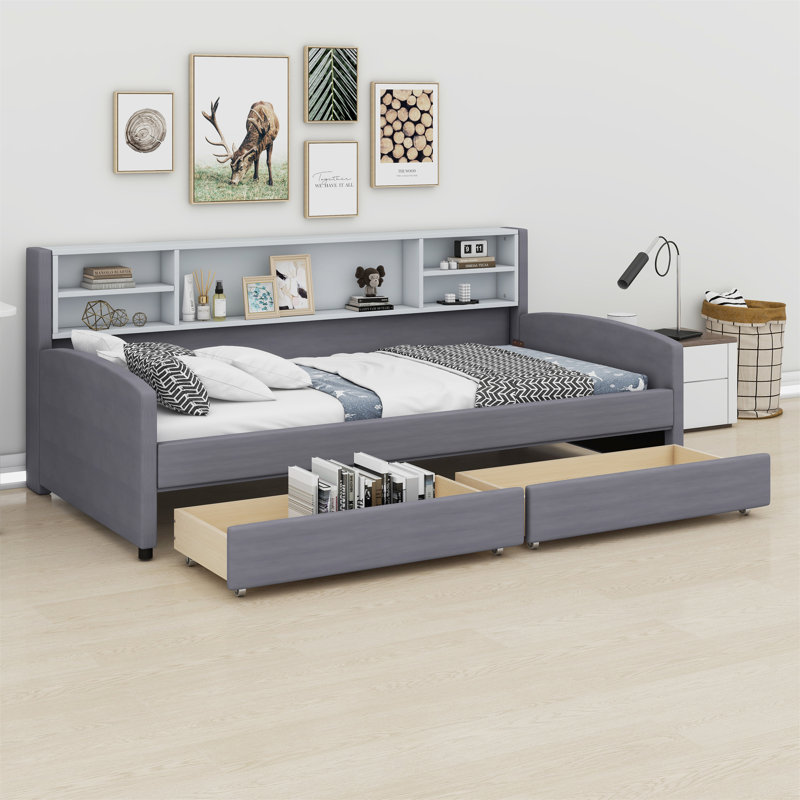 Upholstered Platform Bed With Storage And Drawers, Gray