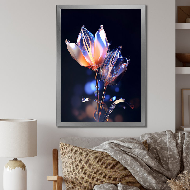 Tulipe luminescente qui fleurit gracieusement sur toile, Cadre simple argenté, H 32 po x l 24 po x P 1 po