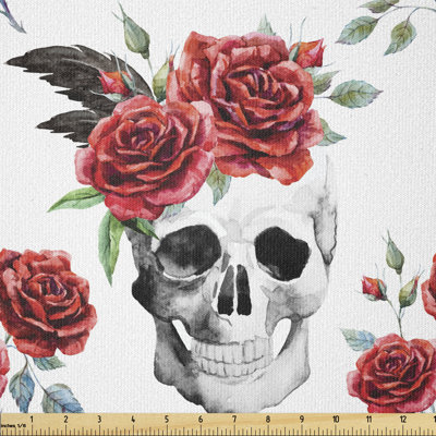 Detrica Skull with Red Roses and Buds Gothic Halloween Multi-Purpose Fabric