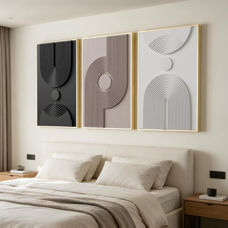 Mid Century Modern Boho 3D Textured Black And White Abstract Lines Artwork, 3 Piece Large Framed Neutral Minimalist Wall Pictures Linen Canvas Wall Art, 24"x36"x3 pcs