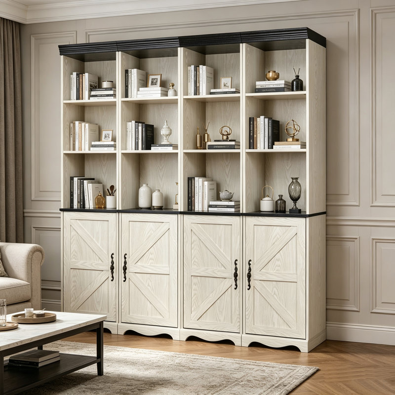 Armoire de rangement combinée 4-en-1, bibliothèque en panneau de fibres à densité moyenne à grain de bois 3D, casiers de présentation ouverts et armoires fermées avec tablette réglable, bibliothèque à combinaison libre pour le bureau d'étude de salon