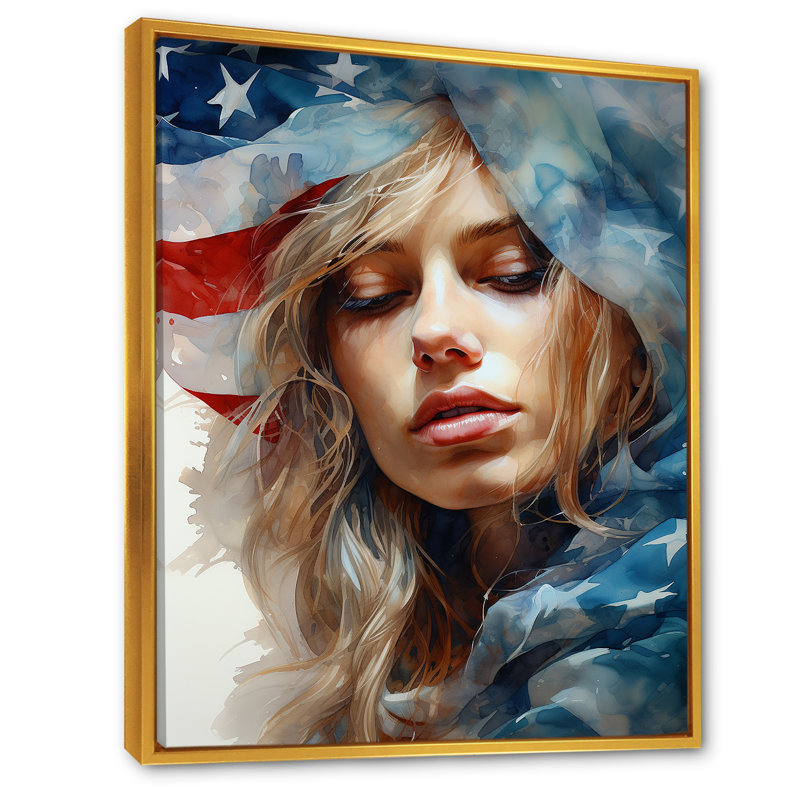 Drapeau américain «American Spirit Woman», Cadre flottant doré, H 44 po x l 34 po x P 1,5 po