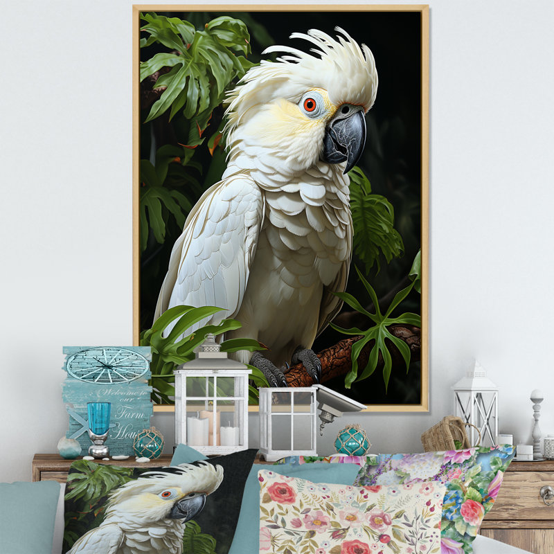 Cockatoos Tropical Haven sur toile, Cadre flottant naturel, H 32 po x l 16 po x P 1 po