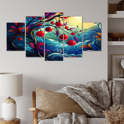 Cerisier rouge et bleu au coucher du soleil - art mural multicolore cerise