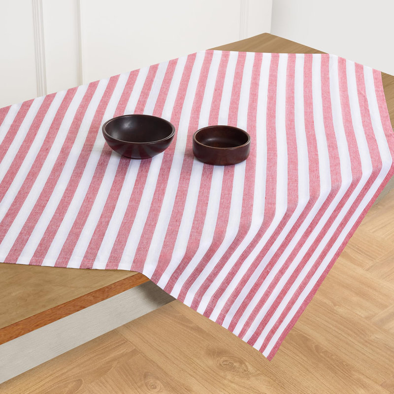 Fete - 100% Pure Linen Table Throw, Red/White, Striped