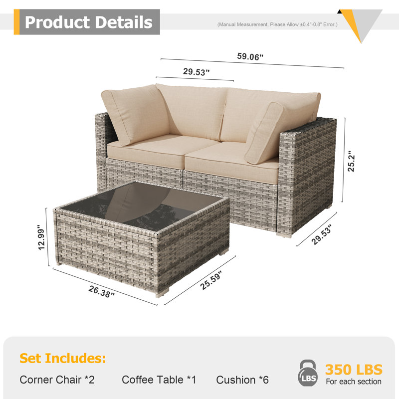3-person Outdoor Sectional With Cushions,all-weather Wicker Patio Set, Beige