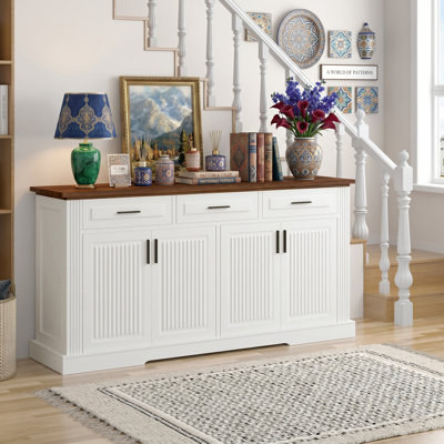 63" Black Fluted Sideboard Buffet Cabinet with 3 Drawers, 4-Door Two-Tone Storage Credenza Kitchen Coffee Bar Console Table