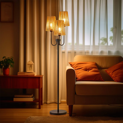Lampe sur pied à branches 3 lumières Karryn 65 po - Abat-jour chanvre - Métal noir