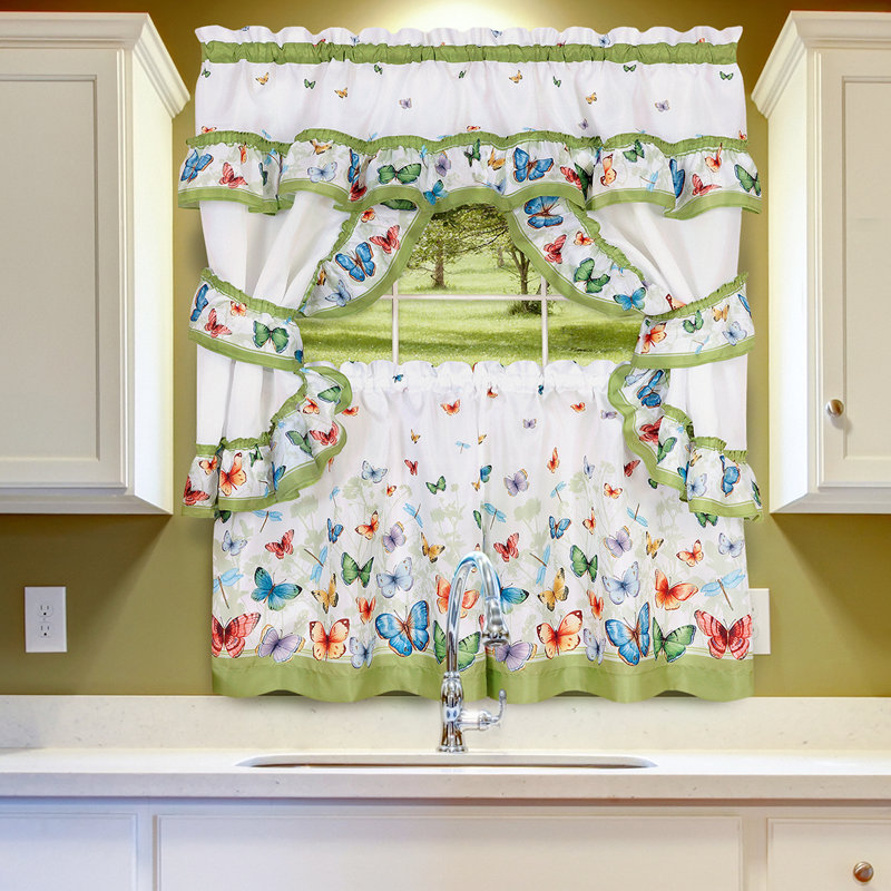 White and Green Butterfly Polyester Kitchen Tier Curtain Set