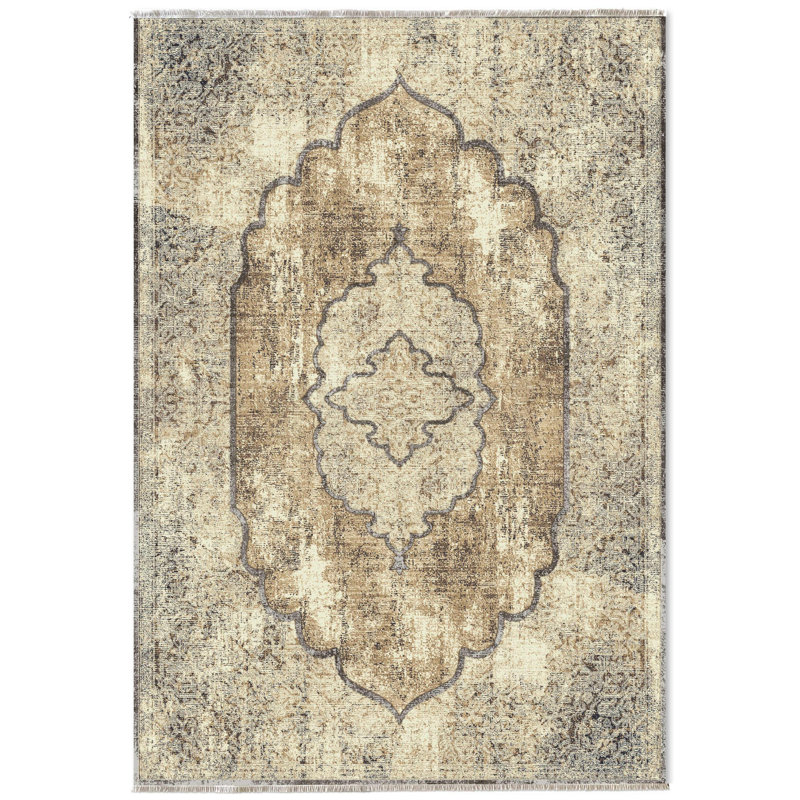Pender Beige Cream Oriental Vintage Look Cotton Chenille Area Rug, Runner 2'8" x 9'11"