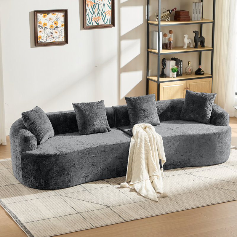 Canapé incurvé, petit modèle en chenille avec 3 coussins, idéal pour appartement, gris, mousse mémoire, sans montage, assise profonde, soutien en mousse, assemblage facile, tissu résistant aux animaux