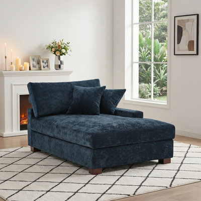Oversized Upholstered Blue Chenille Chaise Lounge with Armrests & Throw Pillows