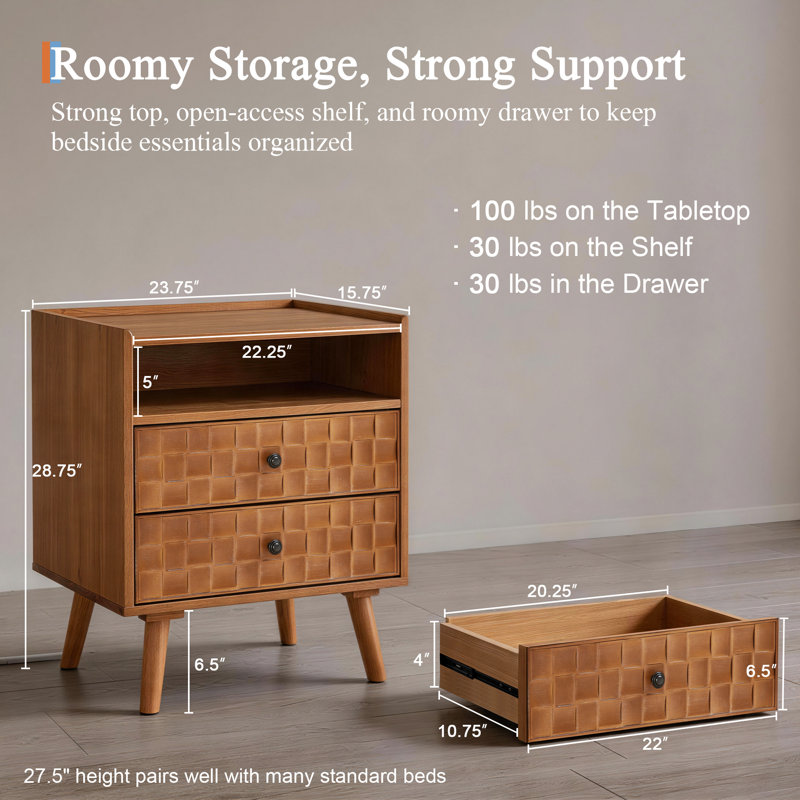 Nightstand with Charging Station, 2 Drawer Bedside Table with Open Shelf, Natural Oak