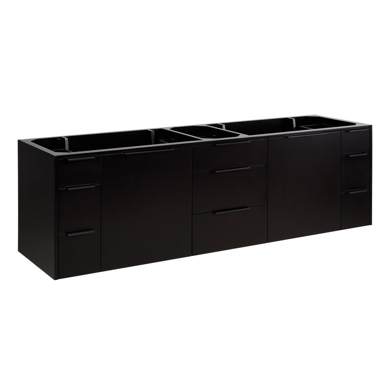 72" Dita Double Bathroom Vanity Set with Rectangular Undermount Sinks, Black, Feathered White Quartz, Single-Hole