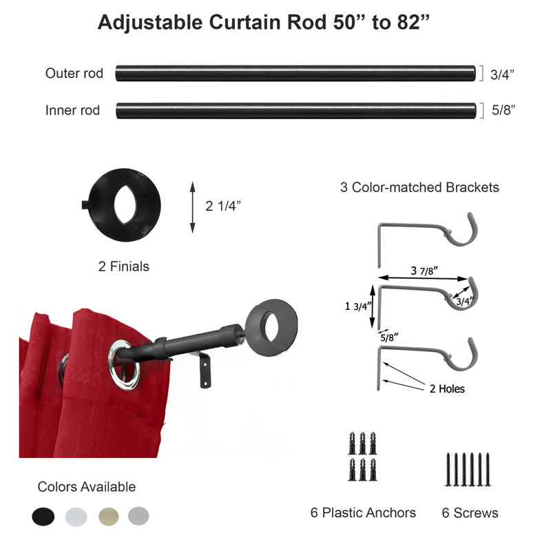 Adjustable Grey Steel Single Curtain Rod Set with Geometric Finials