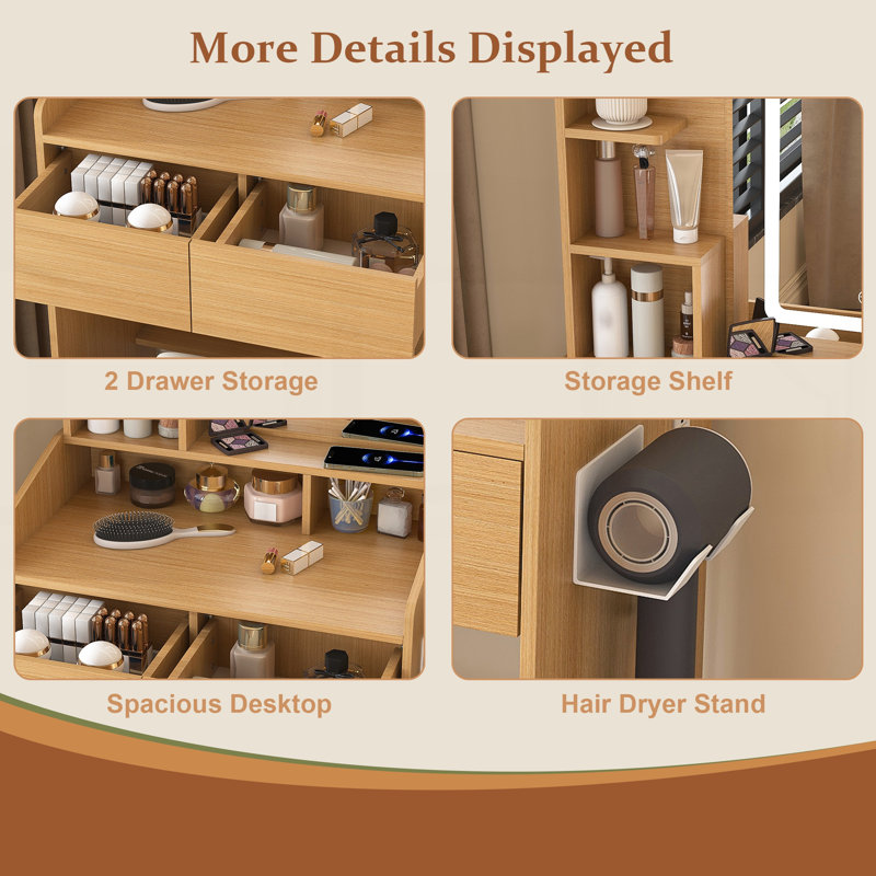 Table de coiffeuse compacte avec miroir lumineux à DEL, prise de courant, support pour sèche-cheveux et tabouret rembourré pour les petites chambres