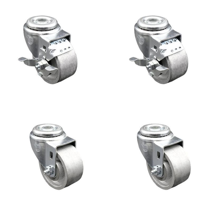 3 Inch Semi Steel Wheel Swivel Bolt Hole Caster Set with 2 Brake Service Caster