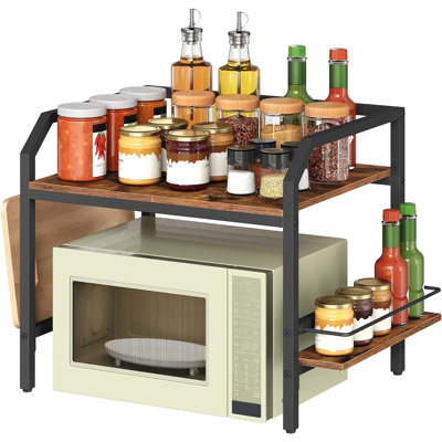 Countertop Microwave Shelf, Microwave Stand, Kitchen Bakers Rack with Pot Lid Holder and Spice Rack, Kitchen Counter Shelf, Rustic Brown
