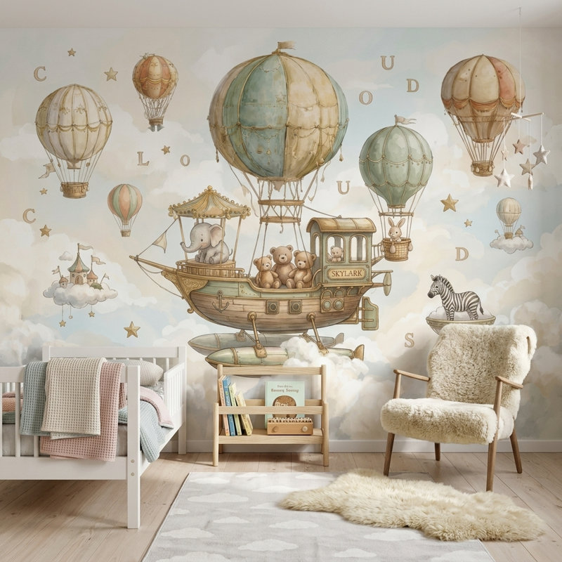 Papier peint fantaisiste montgolfière amovible, 160 po x 108 po, Peler et coller