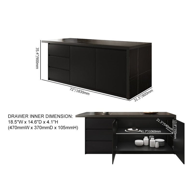 Modern Style Laminate 72" Kitchen Islands With 3 Drawers Black