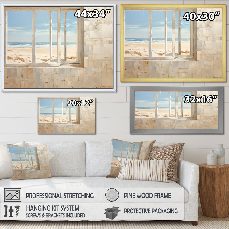 «Beach Windows Horizon I» - Impressions sur toile plage et océan, H 16 po x l 32 po x P 1 po, Toile tendue