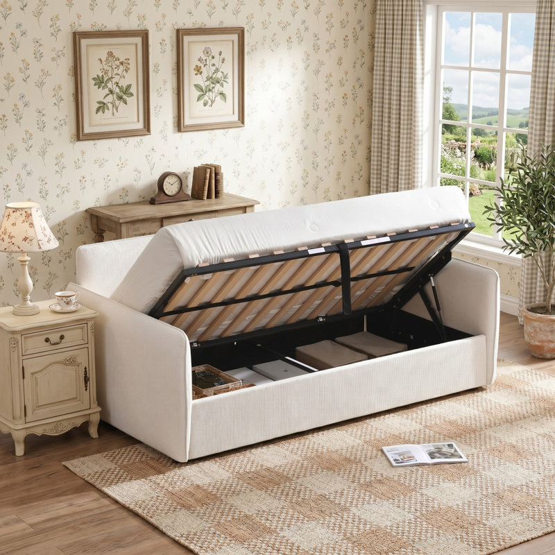 Modern Linen Daybed With Pneumatic Lift-Up Storage, No Box Spring Needed, Cream, Cream