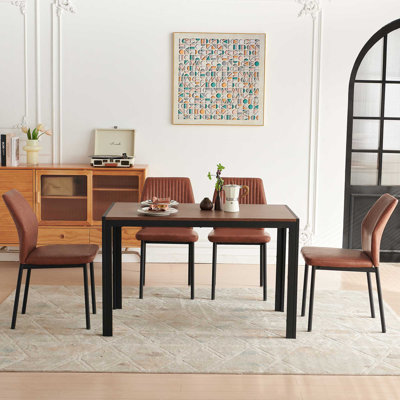 47" Kitchen Table And Chairs Set,Walnut Table With 4 Faux Leather Chairs For Dining Room Kitchen Apartment - Brown