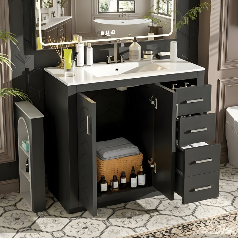 Meuble-lavabo de salle de bain avec lavabo en céramique, Noir, 36