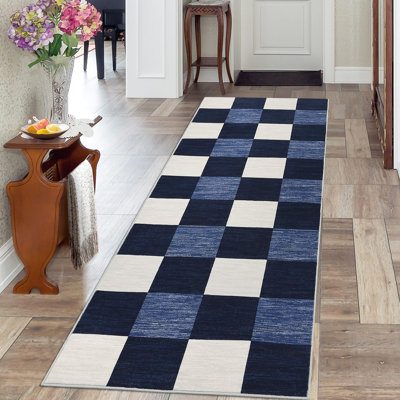 Plaid Printed Runner Rugs 2x6 Modern Hallway Rugs with Non-Slip Backing, Non-Shedding Geometric Indoor Carpet Mat, Foldable Thin Floor Cover for Laundry, Bedroom, Kitchen, Navy Blue