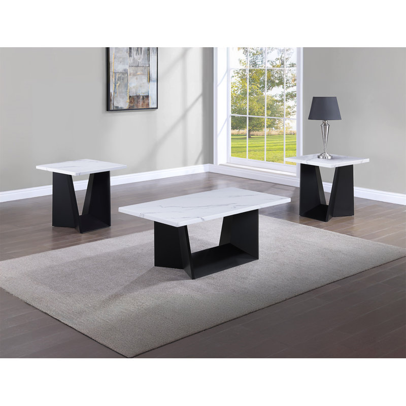 Ensemble de table basse moderne 3 pièces Table de bout Table de bout luxueuse avec faux-marbre et base angulaire noire Meuble de salon en bois blanc (table incluse seulement)