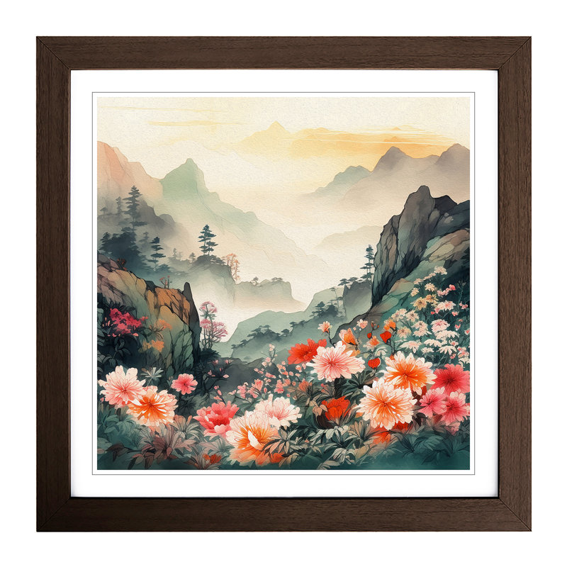 Japanese Mountains Floral No.1 - Framed Print, Walnut