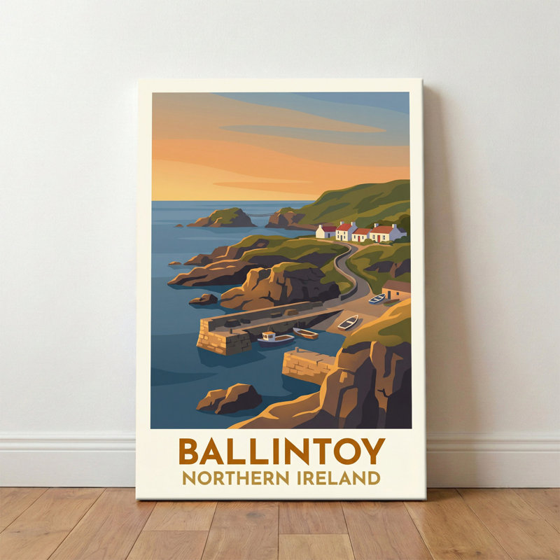 Ballintoy, Northern Ireland - Romantic Coastal Travel Poster Of Harbour And Cliffs. Giclee Print On Wrapped Canvas. Wall Art, Home Decor - Cities & Towns, Northern Ireland - Wrapped Canvas Print