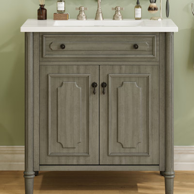 Vintage Bathroom Vanity 31" In Size, Featuring A Smooth Ceramic Sink, Adjustable Storage, And Frame 31-inch Antique Gray With Solid Wood Legs