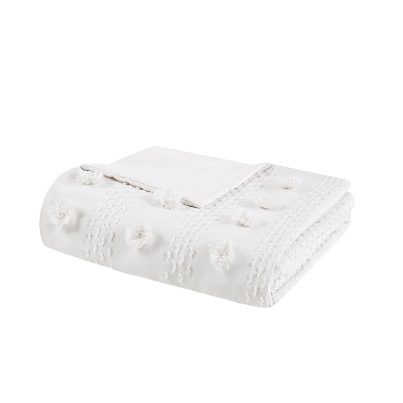 Ivory Twin/Twin XL Clipped Jacquard Duvet Cover Set with Pom Poms