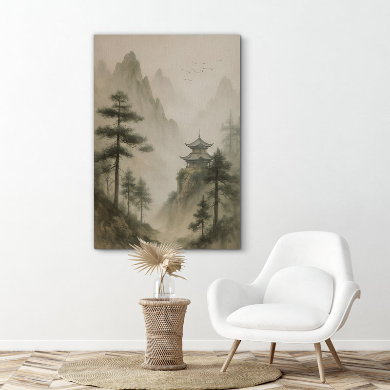 Paysage avec pavillon et pins - reproduction d'art sur toile encadrée, H 18 po x l 12 po x P 1,5 po, Toile tendue