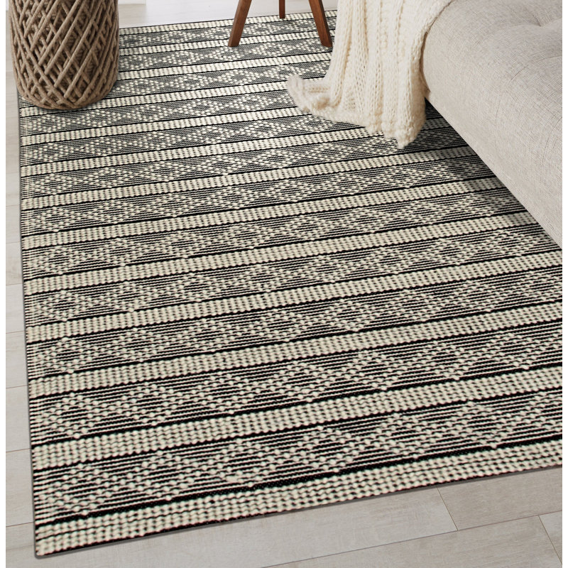 Tapis rayé noir en laine fabriqué à la main Selene, Rectangulaire 8 pi x 10 pi