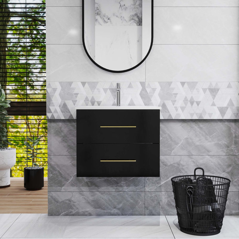 Meuble-lavabo mural brillant avec miroir, Noir, Doré, 24"