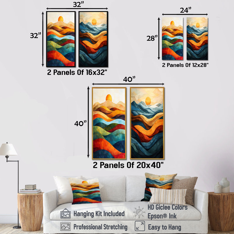 Orange, bleu sarcelle, montagnes audacieuses, paysage I, ensemble de 2 pièces d'art abstrait, H 28 po x l 24 po