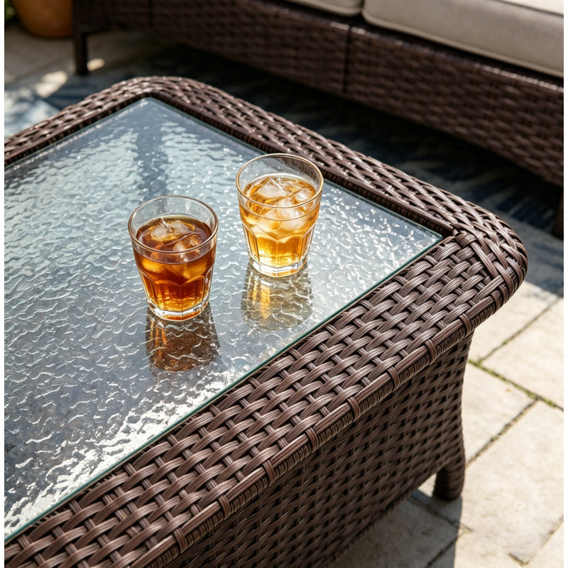 Handwoven Rattan Outdoor Coffee Table With Durable Glass Top