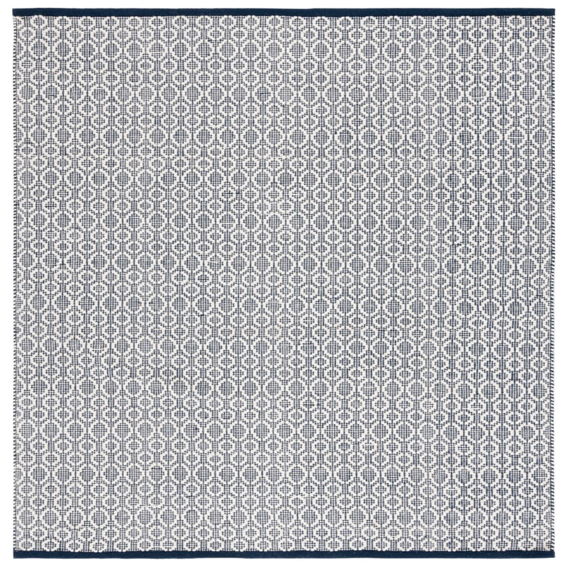Palbo Flat Weave Wool/Cotton Geometric Rug in Ivory/Navy, Square 6'