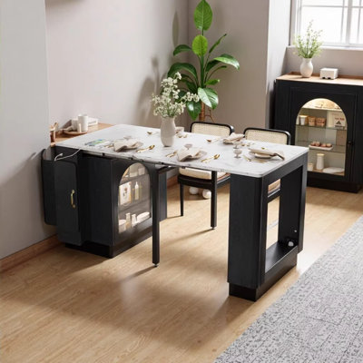 TREXM Extendable Dining Table with 3 Removable Leaves, Mobile Rolling Island with LED Lighting & Power Outlet, Space-Saving Storage Cabinet for Dining/Living Room (Black and Marble White)
