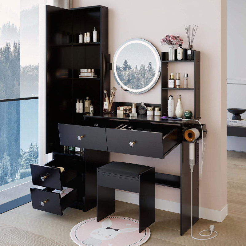 Ensemble de meuble-lavabo à miroir complet et meuble-lavabo à DEL avec centrale électrique, Noir