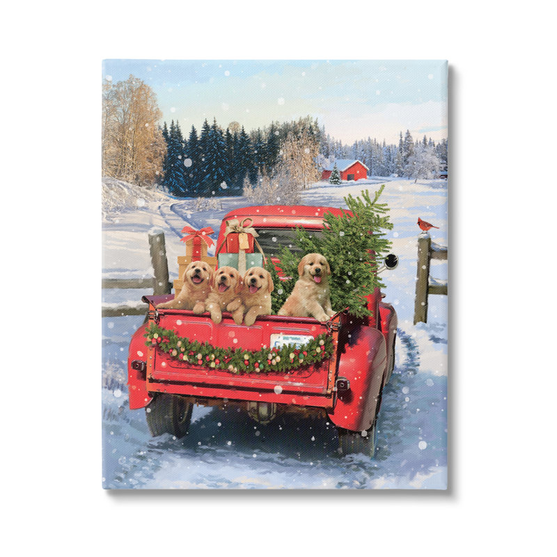 Chiots dans un camion des Fêtes, H 40 po x l 30 po x P 1,5 po