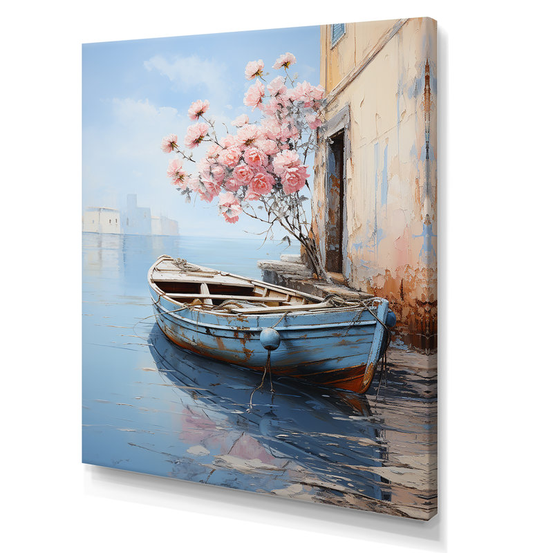 «Pastel Port Boat Blooms I» - art mural bateau côtier, Toile tendue, H 32 po x l 24 po x P 1 po