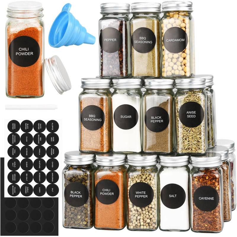 36 pots à épices en verre 36 pièces, pots à épices vides 4 oz avec capuchons en métal, étiquettes, couvercles de shaker, entonnoir pliable
