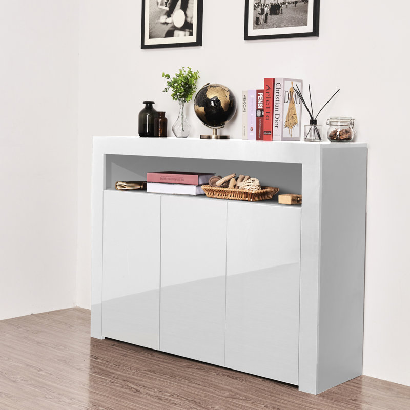 Living Room Sideboard Storage Cabinet Black High Gloss With LED Light, Modern Kitchen Unit Cupboard Buffet Wooden Storage Display Cabinet TV Stand With 3 Doors For Hallway Dining Room
